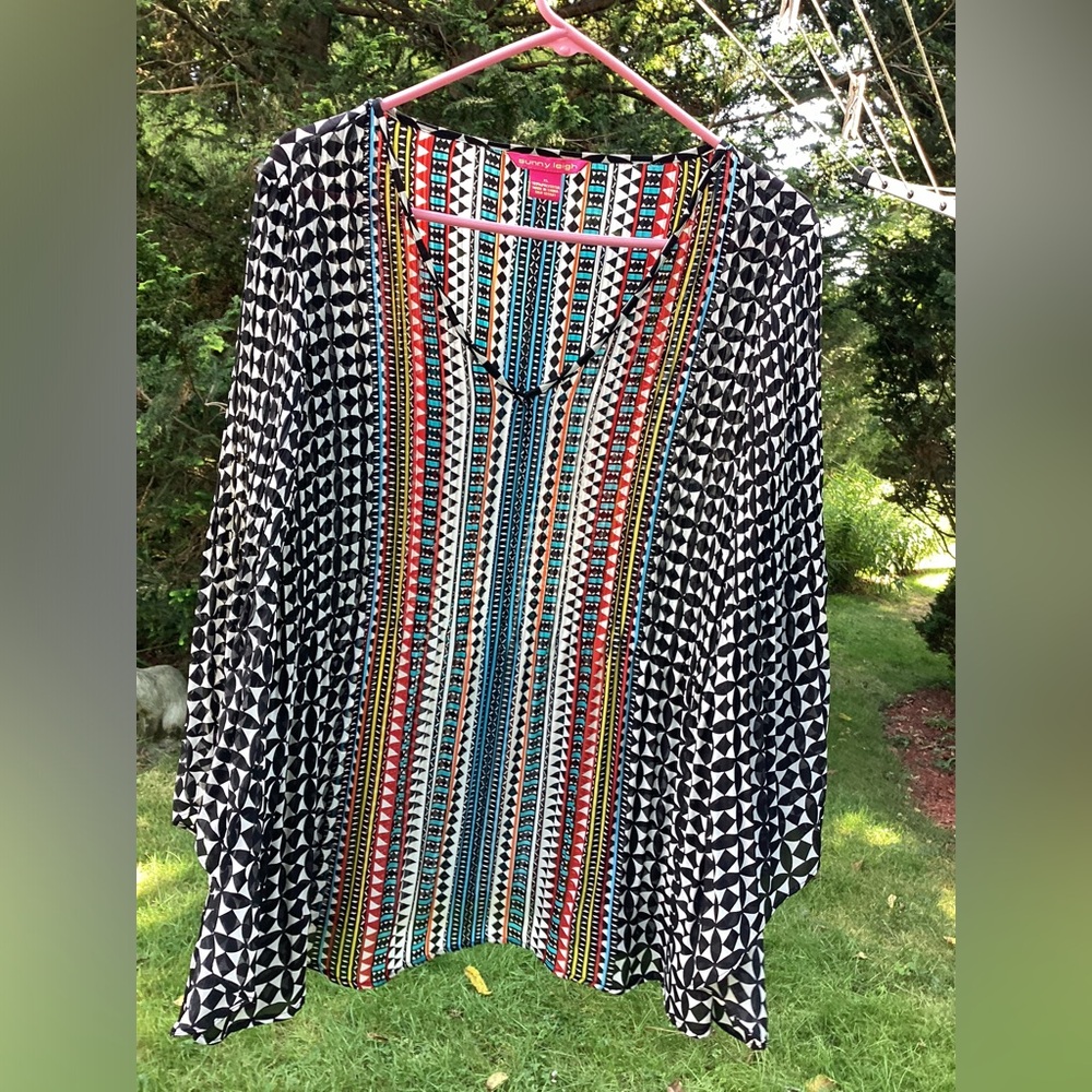 Sunny Leigh XL V-Neck Semi-Sheer Bell-Sleeved Tunic Top